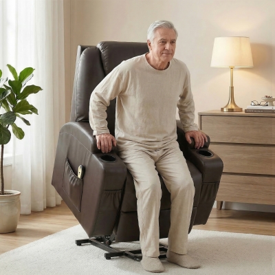 HOMCOM Power Lift Recliner Chair for Elderly, PU Leather Lift Chair with Thick and High Back, Footrest, Remote, Side Pockets, Cup Holders, Reclining Sofa for Living Room, Brown