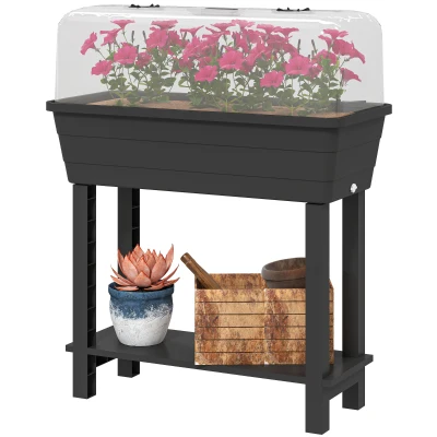 Outsunny 41L Self Watering Raised Garden Bed w/ Ventilation Transparent Lid Greenhouse, Planter Box w/ Storage Shelf, Black