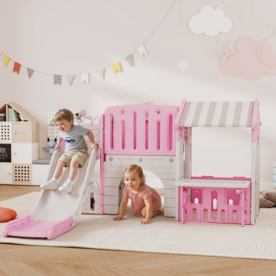 Qaba 7-in-1 Toddler Slide, Kids Slide Climber Playset with Playhouse and Basketball Hoop for 1-4 Years, Pink