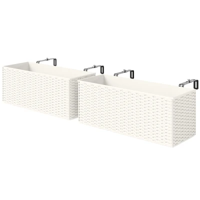 Outsunny 2 Pack 20 Inch Hanging Flower Pots, Railing Planter Box for Fence, Garden, Rattan Look, White