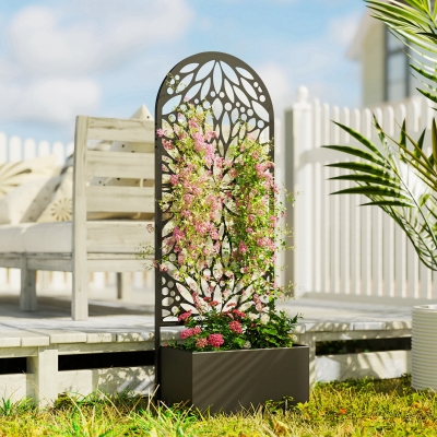 Outsunny Metal Raised Garden Bed with Trellis for Climbing Plants, Freestanding or Wall Mounted Flower Bed with Privacy Panel