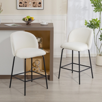 HOMCOM Set of 2 Counter Height Barstools, Upholstered Linen Bar Stools with Backrest, Footrest and Steel Legs, Cream White