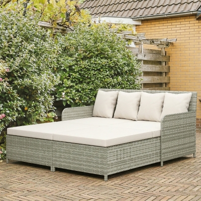 Outsunny Rattan Outdoor Daybed, Sunbed Loveseat with Soft Cushions, 4 Pillows, Curved Backrest & Armrest, Beige