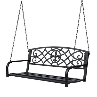 Outsunny 50"L Steel Porch Swing Fleur-De-Lis Patio Swing Chair Hanging Bench Outdoor 2-person Glider Chair Seat w/ Chain Antique Style Black