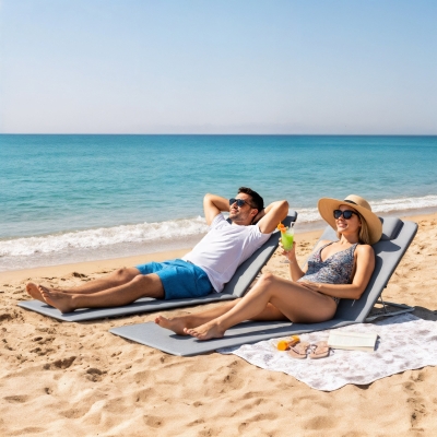 Outsunny 2 Pieces Beach Lounge Chair, Outdoor Folding Chaise Lounge Set w/ Pillow for Sunbath, Snap, Grey