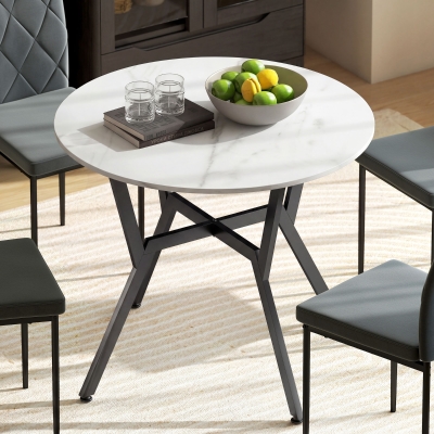 HOMCOM 35" Round Dining Table, Modern Dining Room Table with Steel Frame, Space Saving Small Kitchen Table, White Marble
