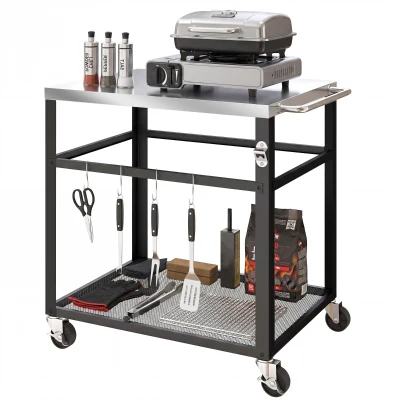 Outsunny Outdoor Grill Cart with Stainless Steel Tabletop, 2-Tier Kitchen Prep Station with Hooks, Lockable Wheels, Black