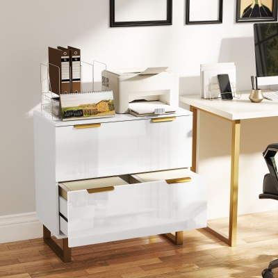 HOMCOM Lateral File Cabinet with 2 Drawers, Modern Filing Cabinet for Letter/A4/Legal Size Files, High Gloss White