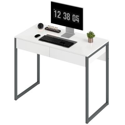 HOMCOM High Gloss Home Office Desk, 39" x 20" Computer Desk with 2 Drawers for Small Spaces, White and Grey