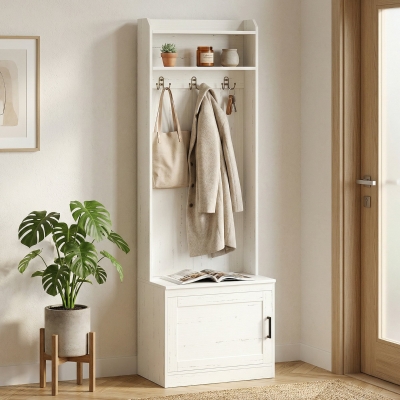 HOMCOM Modern Hall Tree with Shoe Storage Bench, Coat Rack and Shelves, White