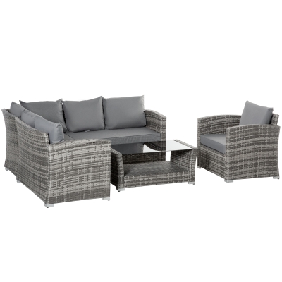 Outsunny 5 Pieces Wicker Patio Furniture Set with 4" Thick Cushions, Outdoor PE Rattan Garden Conversation Sectional Sofa Set with Glass Top Two-tier Coffee Table, Grey
