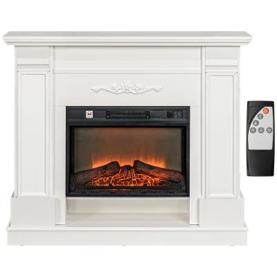 HOMCOM 46" Electric Fireplace with Mantel and Shelf, 1400W Fireplace Heater with Realistic Log and Flame Effect, White
