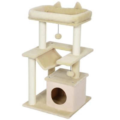 PawHut 39.25'' Cat Tree Tower Multi-Level Kitten House with Scratching Post Condo Hammock Bed Ball Toy - Beige