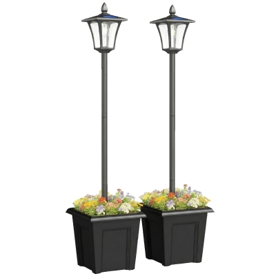 Outsunny 63" Solar Lamp Post Lights 2 Pack, Waterproof LED Solar Light Posts with Planter, Black