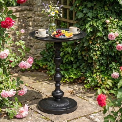 Outsunny 15.4" Round Outdoor Side Table, Tray Top Metal Patio Table with Retro Column Base for Indoor, Balcony, Garden, Black