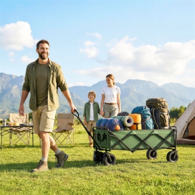 Outsunny 130L Folding Garden Cart with Wheels, Heavy-Duty Collapsible Wagon with Brakes, Green