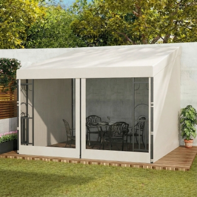 Outsunny 10' x 10' Wall Pergola, Outdoor Gazebo with 2 Curtains and 2 Nettings, UV Resistant, for Patio, Deck, Beige