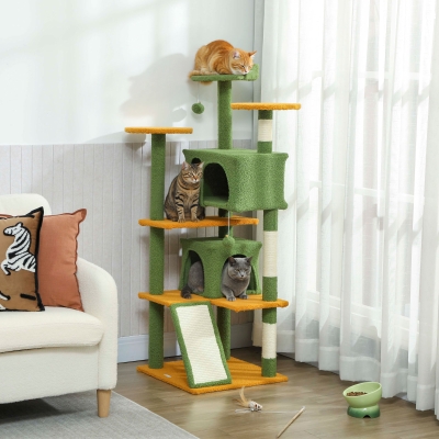 PawHut 54" Cat Tree, Multi-Level Cat Tower with Scratching Posts, Cat Condos, Bed, Platforms, Ramp, Toy Ball, Green