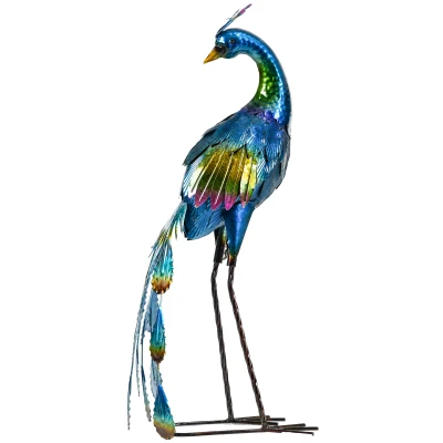 Outsunny Peacock Garden Statue Lawn Ornament Steel Garden Decor Bird Statue with Stakes 9.8" W x 11.4" D x 23.2" H Multi-coloured