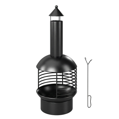 Outsunny Outdoor Fire Pit, Portable Wood Burning Firepit with Poker, Charcoal Grid, Modern Chimney Design Fireplace, Black