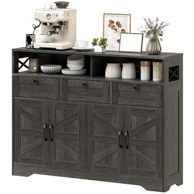 HOMCOM Sideboard, Buffet Cabinet with 4 Barn Doors and 3 Drawers, Coffee Bar Cabinet with Adjustable Shelves, Dark Brown