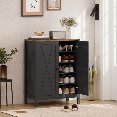 HOMCOM Shoe Cabinet with Barn Doors, Farmhouse Shoe Storage Cabinet with Adjustable Shelves, Holds up to 15 Pairs, Black
