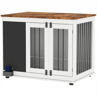 PawHut 39" Dog Crate Furniture Side End Table for Large Dogs w/ Blackboard, Three Doors, White