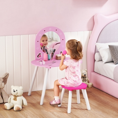 Qaba Kids Dressing Table with Mirror and Stool, Girls Vanity Set for Bedroom, Nursery, for Ages 3-6, Pink