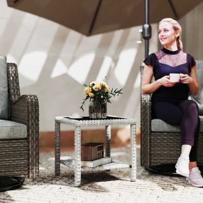 Outsunny 19" Outdoor Wicker Coffee Table with Glass Top, Storage Shelf for Garden Porch Balcony Deck, Dark Grey