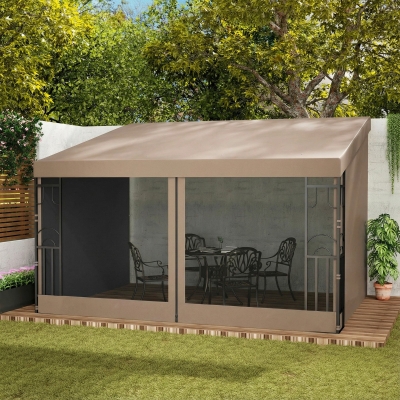 Outsunny 10' x 13' Wall Pergola, Outdoor Gazebo with 2 Curtains and 2 Nettings, UV Resistant, for Patio, Deck, Khaki