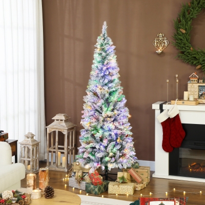 HOMCOM 6ft Flocked Christmas Tree with Dual Colour LED Light, Pencil Hinged Xmas Tree with 11 Light Modes, Easy Assembly