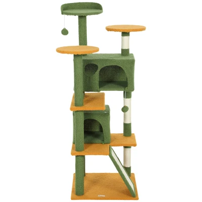 PawHut 54" Cat Tree, Multi-Level Cat Tower with Scratching Posts, Cat Condos, Bed, Platforms, Ramp, Toy Ball, Green