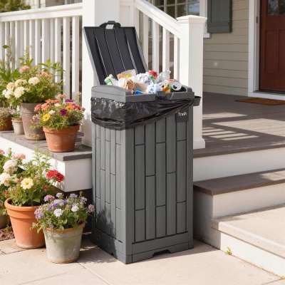 Outsunny 29 Gallon Outdoor Garbage Bin with Dual Lid, Plastic Outdoor Waste Trash Can with Side Holder and Drip Tray, Grey