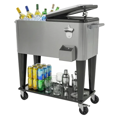 Outsunny 80 Quart Rolling Patio Cooler Cart with Storage Shelf, Patio Cooler with Locking Wheels, Bottle Opener & Cap Catcher