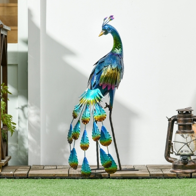 Outsunny Peacock Garden Statue Lawn Ornament Steel Garden Decor Bird Statue with Stakes 9.8" W x 11.4" D x 23.2" H Multi-coloured