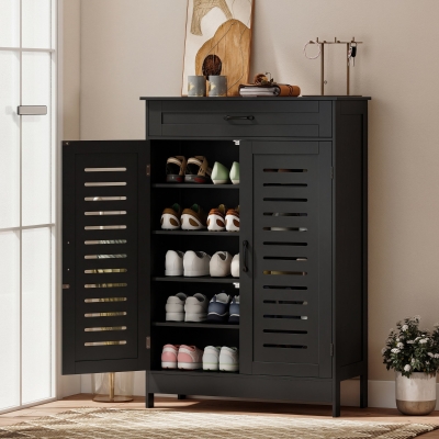 HOMCOM Shoe Cabinet with Louvered Doors, Modern Shoe Storage Cabinet with Drawer and Adjustable Shelves, Black