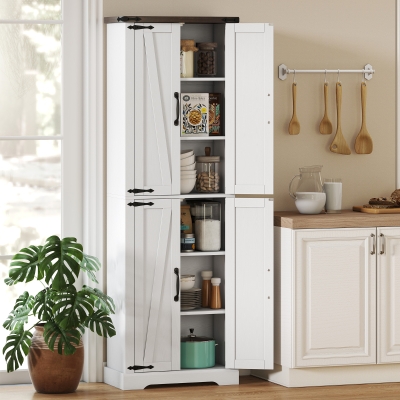 HOMCOM 72" Pantry Cabinet, Farmhouse Freestanding Kitchen Storage Cabinet with Adjustable Shelves for Dining Room, White