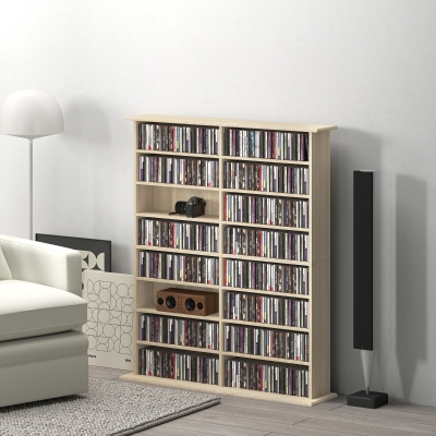 HOMCOM 8-Tier DVD Shelf with 12 Adjustable Shelves, Double CD Shelf, Holds 720 CDs, 396 DVDs or 396 Blu-rays, Natural Wood