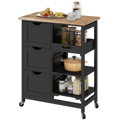 HOMCOM Kitchen Cart on Wheels, Rolling Kitchen Island Cart with Wood Top, 3 Drawers and Shelves for Home Dining Area, Black
