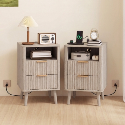 HOMCOM Nightstands Set of 2, Modern Bedside Tables with Charging Station, 2 Drawers and Open Shelf, Grey