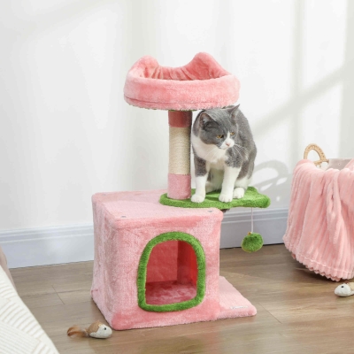 PawHut 28" Cat Tree Tower with Plush Top Bed, Cozy Condo, Sisal Scratching Post, Perch, Dangling Ball, Pink & Green