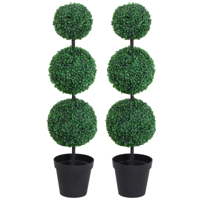 Outsunny Set of 2 Artificial Ball Boxwood Topiary Trees, 44.1" Fake Plants in Pots for Outdoor Indoor Decor, Dark Green