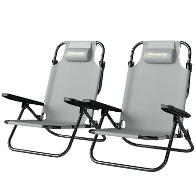 Outsunny Set of 2 Beach Chair 5-Position Adjustable Folding Camping Chair with Headrest Armrests Light Grey