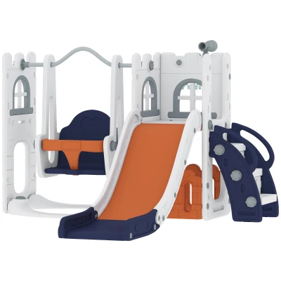 Qaba 6-in-1 Slide and Swing Set Baby Swing Playset Indoor with Basketball Hoop, Climber, Storage Space, Telescope, Orange