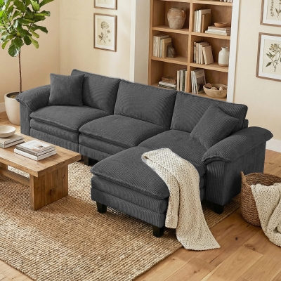 HOMCOM Sectional Sofa, L Shaped Couch with Deep Seat, Movable Ottoman and Pillow-top Armrests, Dark Grey