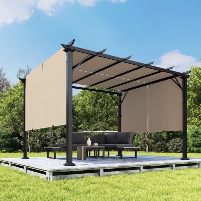 Outsunny 12' x 10' Outdoor Patio Gazebo Pergola with Retractable Canopy Roof, Steel Frame with Stakes, Light Brown
