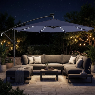 Outsunny 9.7ft Solar LED Cantilever Patio Umbrella with 32 LED Lights, Cross Base, Crank Handle, for Poolside, Deck, Dark Blue