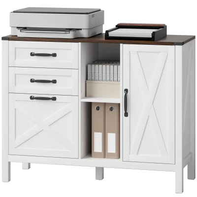 HOMCOM Lateral Filing Cabinet with Drawers, Shelves, Adjustable Hanging Bar for Home Office, Fit A4/Letter Files, White