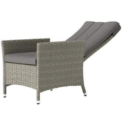 Outsunny Wicker Outdoor Recliner Chair, Wicker Reclining Patio Chair with Adjustable Backrest and Cushion, Grey