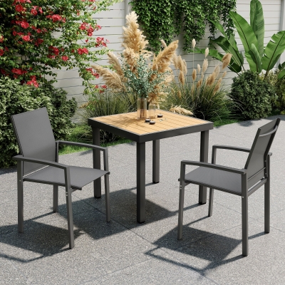 Outsunny Set of 2 Outdoor Garden Chairs, Stackable Patio Dining Chairs with Breathable Fabric, Armrests and Backrest, Dark Grey